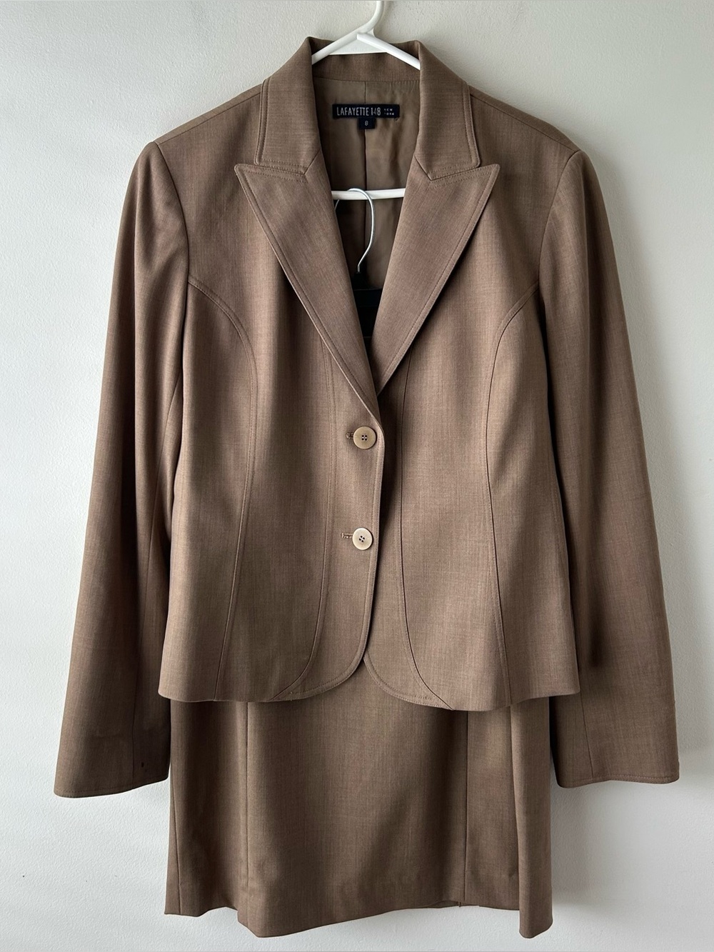 Lafayette 148 New York Wool Blend Suit Set Blazer Skirt Tan Camel Brown 8 and 10